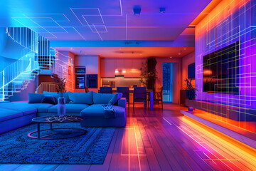 Wall Mural - A vibrant image of a futuristic smart home with an automated lighting system, showcasing advanced home automation technology 