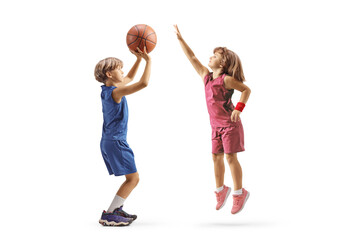 Wall Mural - Boy and girl playing basketball