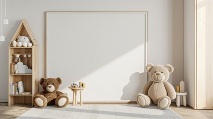 A simple, clean mock-up of a large wooden frame against a beige wall with three plush bears and wooden toys