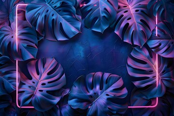 Wall Mural - Vibrant tropical monstera leaves with a neon frame glow in blue and purple hues, creating a modern, surreal botanical background.