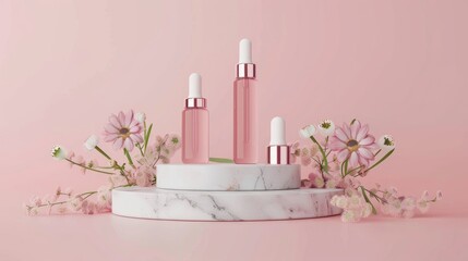 Wall Mural - Cosmetic bottles with serum on marble podium with flowers pink background