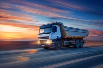 Wall Mural - White dump truck driving on rural road at dusk