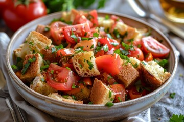 Poster - Vegetarian Tuscan Panzanella salad with tomatoes and bread