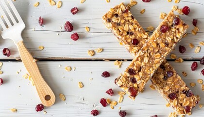 Sticker - View of no bake energy granola bars on white wooden table with spatula