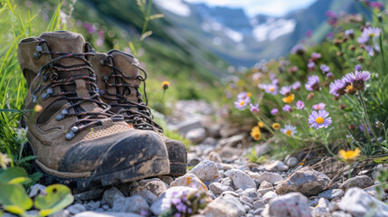 Wall Mural - hiking boots on a rocky trail, surrounded by wildflowers and small pebbles