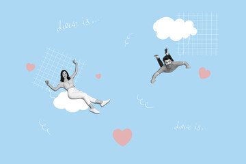 Sticker - Sketch image trend artwork photo collage of valentine day heart love sms like reaction popular lady man date couple dance sky heaven cloud