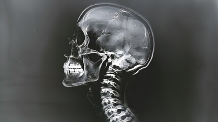 X-Ray of a Human Head: Lateral X-ray view of a human head, showing skull and cervical spine.
