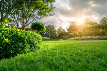 Wall Mural - Well kept garden with green grass bushes trees and cloudy sky in the background