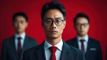 Wall Mural - Three men in suits and ties stand in front of a red background. The man in the middle is wearing glasses and has a serious expression on his face