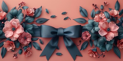 Wall Mural - Elegant Blue Ribbon and Pink Flowers