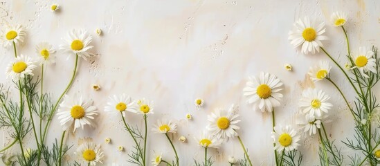 Wall Mural - Fresh chamomile flowers arranged in a frame on a table with space for text