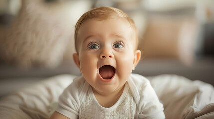 Canvas Print - cute little baby sitting on bed at home