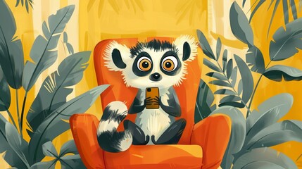 A cute lemur sits in a red armchair, surrounded by lush foliage, using a smartphone.