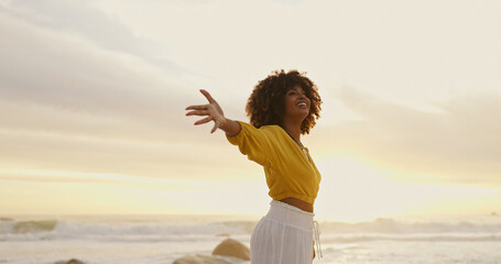sunrise, ocean and happy woman for freedom, vacation and holiday weekend in miami with smile. beach,