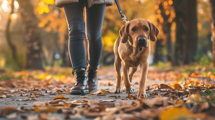 Wall Mural - A person walks a dog on a leash through a path covered in fallen autumn leaves.