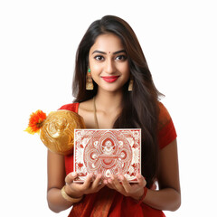 Wall Mural - young indian woman gift box on white background