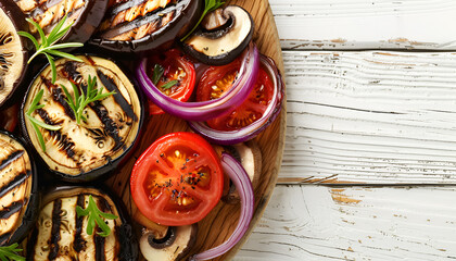 Wall Mural - Tasty grilled slices of eggplant, onion, mushroom and tomato on wooden board on white wooden table