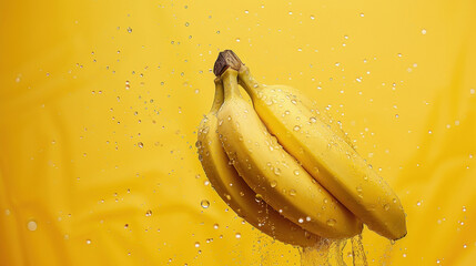 Poster - fresh yellow ripe bananas with water drops