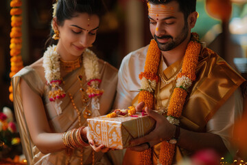 Poster - young indian husband giving gift to wife