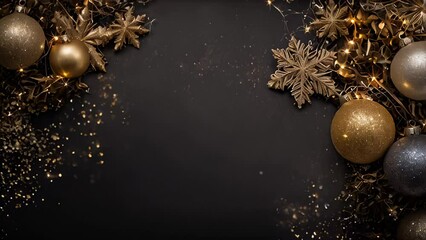 Wall Mural - Flat lay festive Christmas composition with gold and silver ornaments and snowflakes on dark background. Perfect for holiday greetings, blank free space,