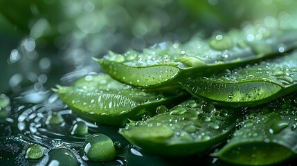 Wall Mural - Tranquil Green Leaves with Glistening Raindrops in Peaceful Nature