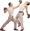 © Lustre Art Group  - Portrait of two men playing, boxing in gloves against transparent background. Straight punch. Concept of professional sport, hobby, movement, energy, active lifestyle, retro fashion.