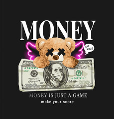 Wall Mural - money slogan with bear doll angel and cash hand drawn vector illustration on black background