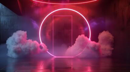 Wall Mural - 3D rendering of futuristic modern empty stage with glowing neon circle shape and cloud.