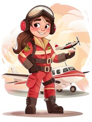 Friendly caucasian female pilot, holding an airplane model in her hand, an airplane slightly in background, illustration, childfriendly 