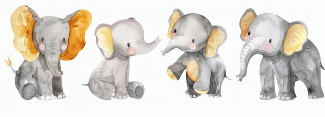 Wall Mural - Watercolor set with cute elephants and tropical animals on an isolated background. For children's cards.