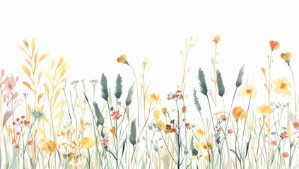 Floral border on white background featuring greenery wildflowers, abstract plants, flowers, and leaves. Watercolor illustration.