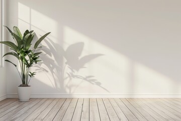 Wall Mural - The minimalist interior design has an empty room with blank walls and a blank floor with natural sun light cast shadows on the window, a cozy tone style background, a copy space for mock-ups, as well