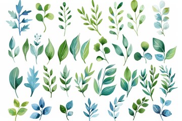 Wall Mural - Tropical spring floral pastel leaves and flowers elements isolated on transparent background for greetings or wedding cards.