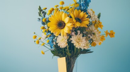 Poster - Celebrating International Women s Day with a vase of vibrant yellow and blue spring flowers and a thoughtful greeting card as a gift