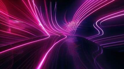 Wall Mural - Colorful neon glowing light background. Flashing speed light on dark background. Curvy moving line shape. 3D render.