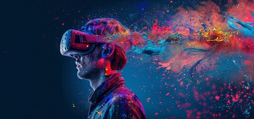 Wall Mural - VR headset glasses portrait with colorful double exposure paint.