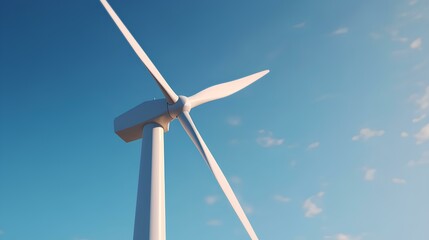 A sleek wind turbine standing tall against a clear blue sky in a simple landscape.
