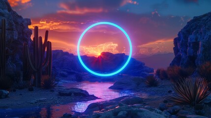 Poster - This is a 3D render of a surreal landscape with glowing neon circles floating on water and land with reflections of the water in the background, a beautiful night sky in the foreground.