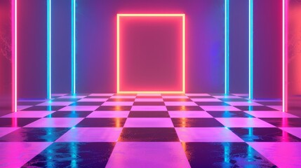 Wall Mural - An abstract futuristic scene of a blue pink neon square portal gate over a hyper speed light background.