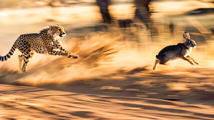 Wall Mural - a powerful cheetah sprints at high speed chasing a fleeing rabbit across a dusty dirt road in an int