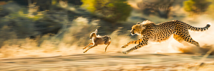 Wall Mural - a powerful cheetah is chasing a small deer at high speed across a dusty dirt road in the wilderness