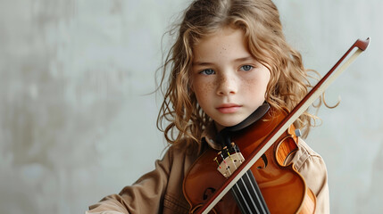 A child practicing a musical instrument or another skill, demonstrating perseverance and dedication, against a soft, neutral background.