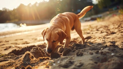 Dog digging a hole in the sand by a lake