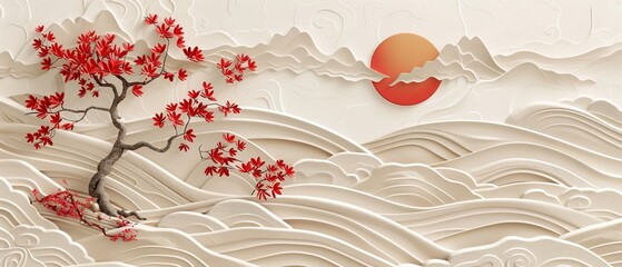Wall Mural - Modern banner with Japanese wave pattern. Background with vintage Japanese bamboo and bonsai tree. Traditional Asian icons and symbols.