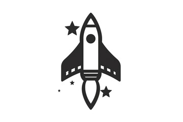 A minimalist black and white vector illustration of a space rocket icon. Isolated on white background. Png file. 