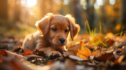 Wall Mural - Puppy playing with a leaf in the forest