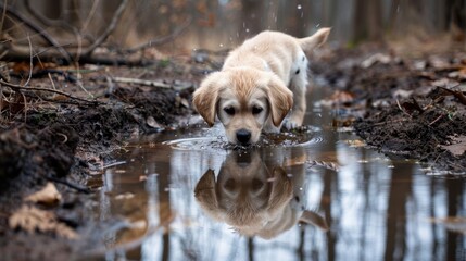 Wall Mural - Puppy discovering a puddle in the woods