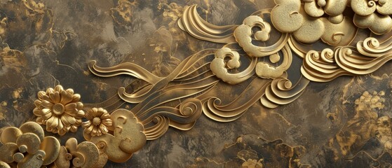 Wall Mural - Background with gold texture modern. Peony flower, wave chinese clouds in a vintage style. Abstract logo design design and icon.