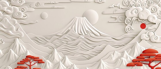 Wall Mural - Hand drawn wave and Fuji mountain elements in vintage Japanese style. Modern background with Asian icons and patterns.