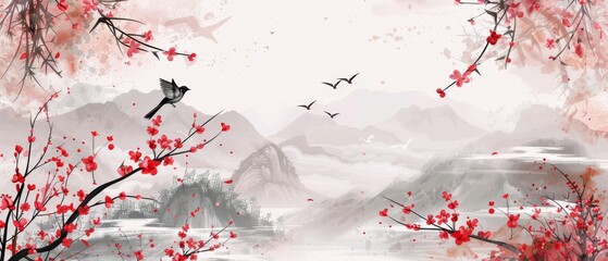 Wall Mural - Brush stroke with Japanese icons modern. Birds, cherry blossom flower and bamboo elements on an abstract background.